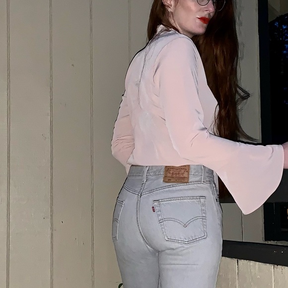 Darphin blush pink high neck boho bellsleeve chiffon blouse Sz S business casual - Picture 3 of 10